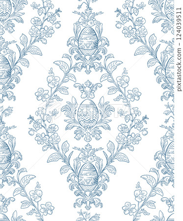 Easter Eggs Spring Elegant Seamless Rococo Floral Pattern for Fabrics, Wallpapers and Packaging 124039511