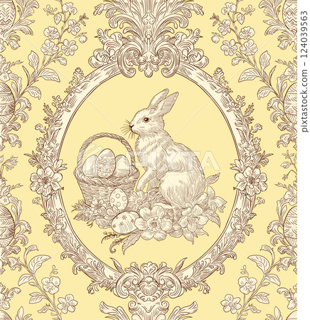 Easter Bunny Basket and Eggs Spring Elegant Seamless Pattern for Fabrics, Wallpapers and Packaging 124039563