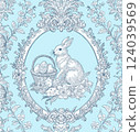Easter Bunny Basket and Eggs Spring Elegant Seamless Pattern for Fabrics, Wallpapers and Packaging 124039569