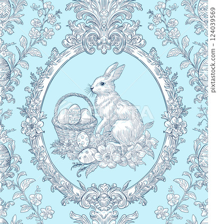 Easter Bunny Basket and Eggs Spring Elegant Seamless Pattern for Fabrics, Wallpapers and Packaging 124039569