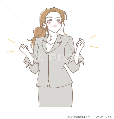 A woman who is happy and clenching her fist A woman who is happy and clenching her fist 124039733