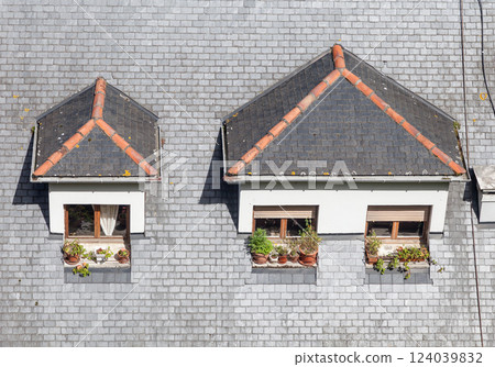Dormer windows on the roof of a building 124039832