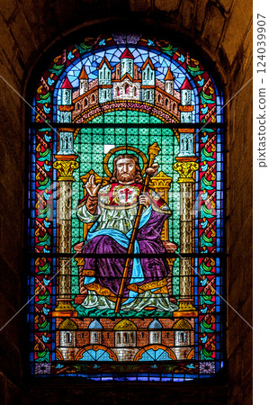 Stained-glass window in the cathedral of Santiago de Compostela Stained-glass window in the cathedral of Santiago de Compostela 124039907
