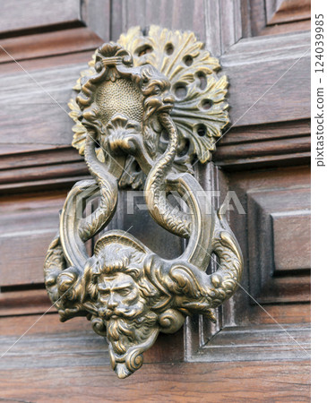 Old door knocker on a wooden door 124039985