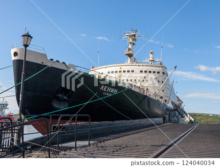 MURMANSK, RUSSIAN FEDERATION - AUGUST 06, 2015 - The icebreaker Lenin in Kola bay 124040034