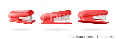 3D set of red plastic stapler isolated on white. 3D set of red plastic stapler isolated on white. 124040069