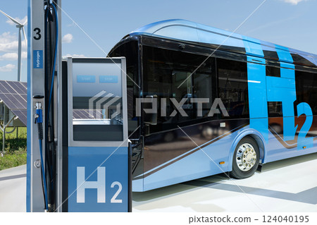 A hydrogen fuel cell bus with filling station 124040195