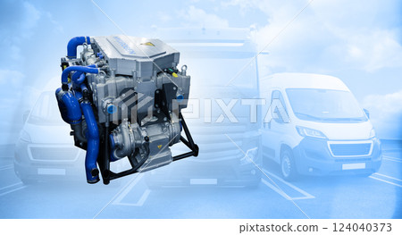 Hydrogen Fuel Cell engine on a gray background 124040373