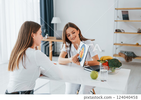 Woman showing illustration to the female customer. Professional medical worker in white coat is in the office 124040458