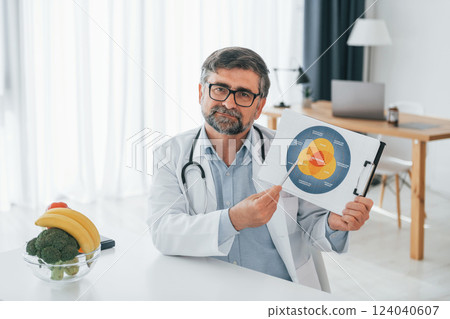 Holding dieting plan illustration. Professional medical worker in white coat is in the office Holding dieting plan illustration. Professional medical worker in white coat is in the office 124040607