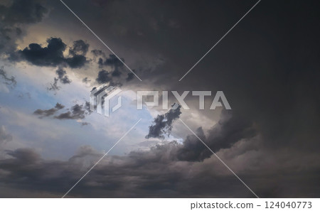 Dramatic cloud formation fills the sky during an overcast evening, hinting at an approaching storm 124040773