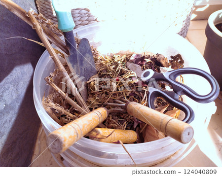Closeup of gardening tools and dried plant matter in a plastic bucket. Rustic, sunlit scene ideal for blogs, websites, or articles about gardening, composting, or spring cleaning. 124040809