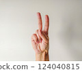 Closeup of a hand displaying the peace sign against a neutral background.  Perfect for concepts of peace, unity, victory, or number two.  Versatile image for websites, presentations, and social media. 124040815