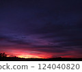 Dramatic sunset landscape showcasing vibrant crimson and deep purple hues across the sky. Silhouetted trees and distant cityscape add depth. Ideal for travel, nature, and atmospheric backgrounds. 124040820