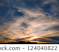 Dramatic sunset sky with layered clouds and silhouetted hills. 124040822