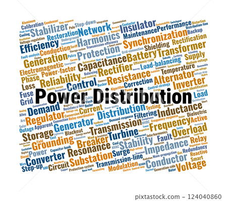 Power Distribution Word Cloud. Essential Terms for Energy Transmission and Grid Management Power Distribution Word Cloud. Essential Terms for Energy Transmission and Grid Management 124040860
