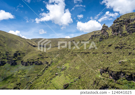 Rugged Rock Formations in the Andean Mountains at Waqrapukara, Peru 124041025