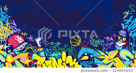 Trendy Abstract Colorful Urban Street Art Graffiti Style Vector Illustration Background Template 124041053