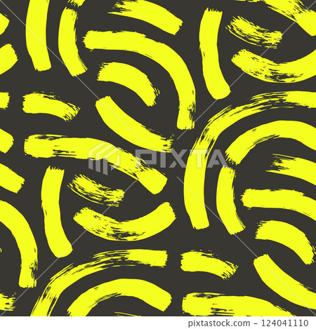 Brush paint curved lines seamless pattern. Bold neon stroke shapes endless background. Highlight repeat cover. Grunge arc continuous ornament. Vector hand drawn surface pattern design scribble motif 124041110