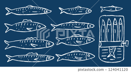 Sardines line doodle set. Canned fish hand drawn scribble. tinned fishes. Open sardine tin. Vector conserve eat illustration by pencil isolated on dark blue background. Crayon or chalk naive seafood 124041120