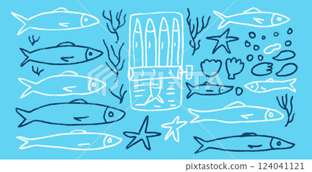 Sardines line doodle set. Canned fish hand drawn scribble. tinned fishes. Open sardine tin. Vector conserve eat illustration by pencil isolated on blue background. Crayon or chalk naive seafood 124041121