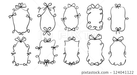 Doodle coquette frames with bows. Vintage scribble line wavy border with ribbons set. Vector cute curly rectangle and oval template for holiday menu. Minimalistic black cadre birthday hand drawn. 124041122