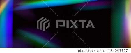 Film light leaks texture. Distressed retro photo burn effect. Movie filter overlay frame. Blur bright gradient dust, scratches. Iridescent laser beam stripes. Vector transparent night disco decoration 124041127