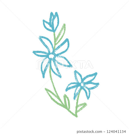 Wildflower brunch crayon drawn. Spring field plant doodle. Summer floral kids element. Chalk or pastel style childish scrawl nature shape. Vector illustration by pencil isolated on white background. 124041134