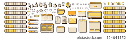 Pixel art windows interface vintage. 8 bit browser and menu elements with cursors and loading bar. Pixel screens 90s style. Ui message frames figures. Vector set isolated illustration 124041152