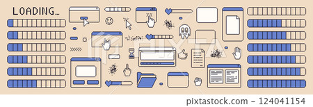 Pixel art loading elements. Windows interface vintage. 8 bit browser and menu elements with cursors and load bar. Pixel screens 90s style. Ui message frames figures. Vector set isolated illustration 124041154
