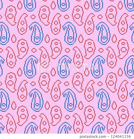 Pixel art paisley seamless pattern. Blue and pink indian ornament 8 bit endless background. 90s line art repeat cover. Surface pattern design retro techno motif. Vector illustration 124041156