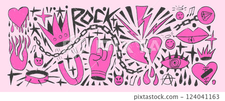 Rock and roll girly crayon drawn set. Punk coquette breaking heart doodle background. Scribble grunge poster elements. Broken heart, crown and sketch stars. Vector illustration by pencil isolated 124041163
