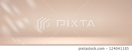Studio beige gradient background with sunlight . Light neutral wall product room. Minimal pastel table scene. Empty desk stage for beauty cosmetic presentation. Vector illustration. Banner template Studio beige gradient background with sunlight . Light neutral wall product room. Minimal pastel table scene. Empty desk stage for beauty cosmetic presentation. Vector illustration. Banner template 124041185