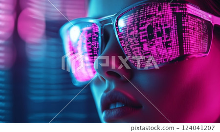 Person with Digital Sunglasses Reflecting Binary Code Person with Digital Sunglasses Reflecting Binary Code 124041207