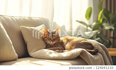 Cozy Cat on Blanket in Sunlit Living Room Cozy Cat on Blanket in Sunlit Living Room 124041210