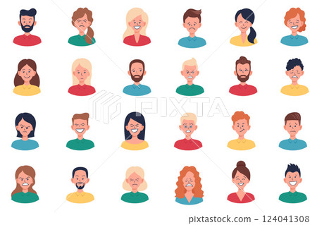Set of portraits and avatars of man and woman.Facial expression. Set of portraits and avatars of man and woman.Facial expression. 124041308