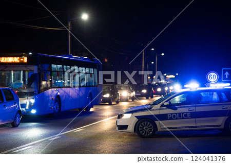 Road police blocked traffic at night Road police blocked traffic at night 124041376