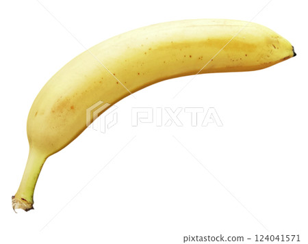 A single ripe banana, subtly curved, is presented against a stark white background.  Its yellow hue suggests freshness and health. 124041571