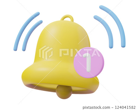 Cute 3D rendered yellow bell with a single notification.  Perfect for apps, websites, or social media designs needing a friendly, playful alert. 124041582