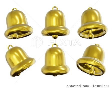 Six shiny golden bells in various angles, isolated on white. Perfect for holiday, celebration, announcement, or success concepts. Elegant 3D render with a polished, luxurious feel. Six shiny golden bells in various angles, isolated on white. Perfect for holiday, celebration, announcement, or success concepts. Elegant 3D render with a polished, luxurious feel. 124041585