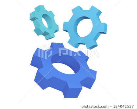 Three 3D gears, rendered in shades of blue, interlock, symbolizing teamwork, synergy, and efficient processes.  A vibrant metaphor for collaboration and technological advancement. 124041587