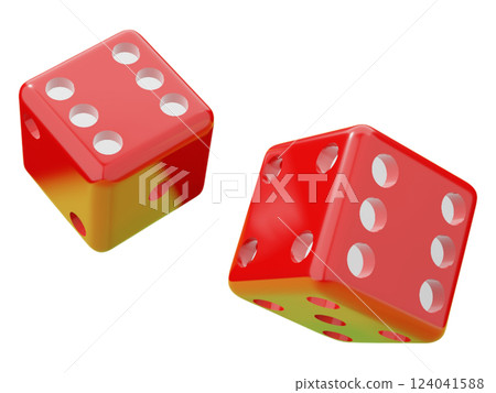 Two vibrant red and yellow dice tumble midair against a stark white background.  This dynamic image symbolizes chance, risk, and the unpredictable nature of fate. 124041588