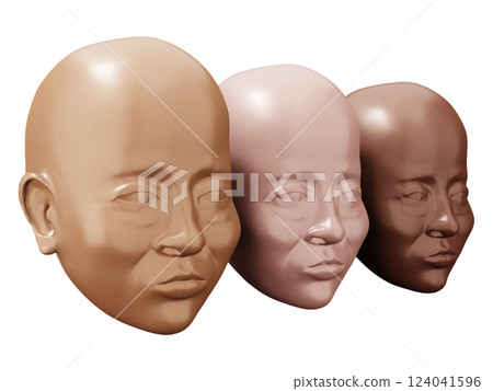 Three realistic sculpted heads, showcasing diverse skin tones, offer a powerful visual metaphor for diversity, inclusion, and beauty. Three realistic sculpted heads, showcasing diverse skin tones, offer a powerful visual metaphor for diversity, inclusion, and beauty. 124041596