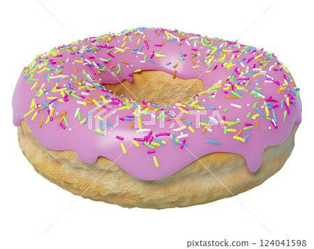 Mouthwatering pink donut with rainbow sprinkles. A delicious treat, perfect for food blogs, bakery websites, or any project needing a sweet, joyful image. Mouthwatering pink donut with rainbow sprinkles. A delicious treat, perfect for food blogs, bakery websites, or any project needing a sweet, joyful image. 124041598