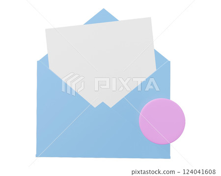 A light blue envelope with a blank white card inside and a pink notification circle. Perfect for concepts of communication, new message, email, correspondence, or notification. A light blue envelope with a blank white card inside and a pink notification circle. Perfect for concepts of communication, new message, email, correspondence, or notification. 124041608