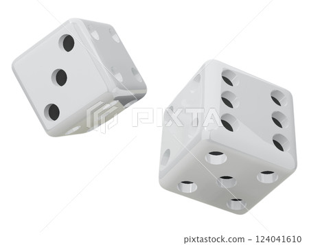 Two offwhite dice tumble in midair, a captivating visual metaphor for chance, risk, and the unpredictable nature of life. Perfect for illustrating concepts of gambling, fate, or game design. Two offwhite dice tumble in midair, a captivating visual metaphor for chance, risk, and the unpredictable nature of life. Perfect for illustrating concepts of gambling, fate, or game design. 124041610