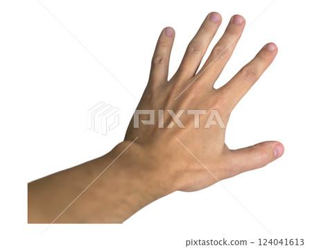 A clean, highresolution image of an outstretched human hand, palm facing forward.  Perfect for illustrating concepts of openness, welcome, help, or reaching out. 124041613