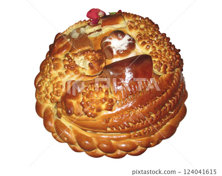 Intricate, goldenbrown artisan bread, adorned with sculpted details and a delicate flower.  A symbol of celebration and abundance, perfect for themes of tradition, heritage, or festive gatherings. 124041615