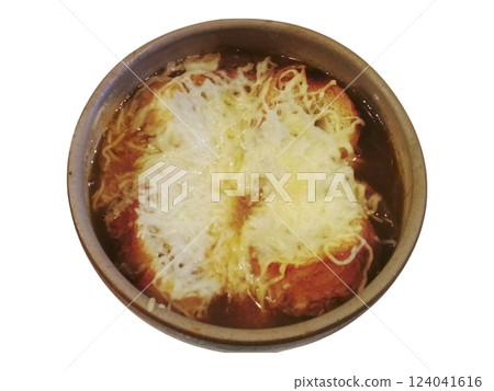 Aromatic French onion soup, brimming with rich broth, toasted bread, and melted cheese.  A classic comfort food, perfect for menus, culinary blogs, or restaurant websites. 124041616