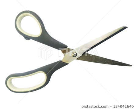Closeup of simple, everyday scissors on a white background. A clean, minimalist image suggesting concepts of cutting, precision, and new beginnings. Closeup of simple, everyday scissors on a white background. A clean, minimalist image suggesting concepts of cutting, precision, and new beginnings. 124041640